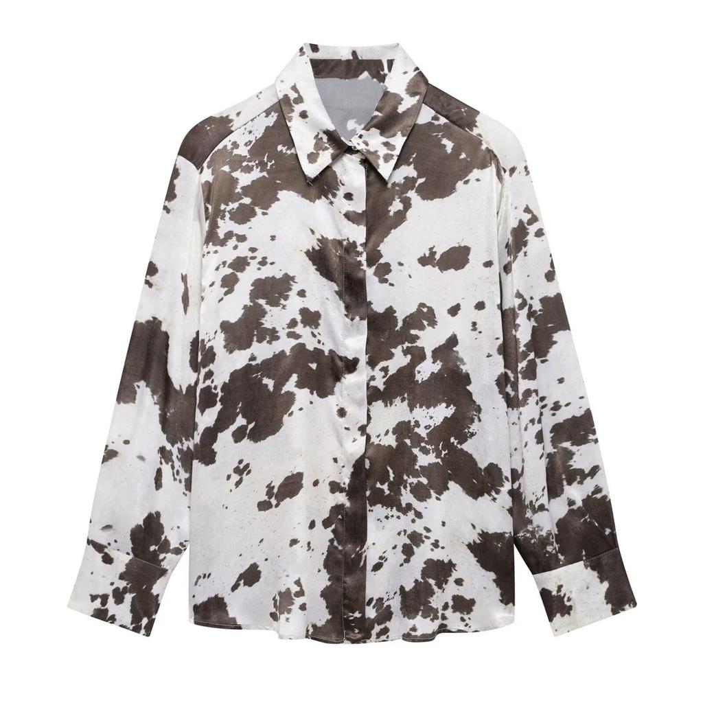 2025 Spring Women's Animal Print Silk Satin Shirt and Midi Skirt Set