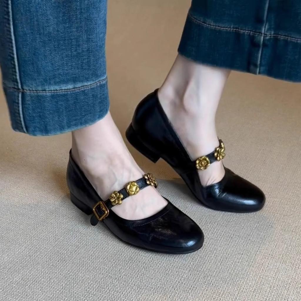 Sheepskin version~ Metal one-word buckle genuine leather Mary Jane shoes women's French shallow mouth single shoes low heel temperament ballet shoes