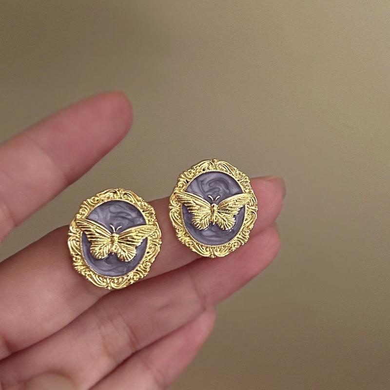 

Retro butterfly drop glaze earrings women, medieval design temperament stud earrings versatile earrings 925 silver needle золотой