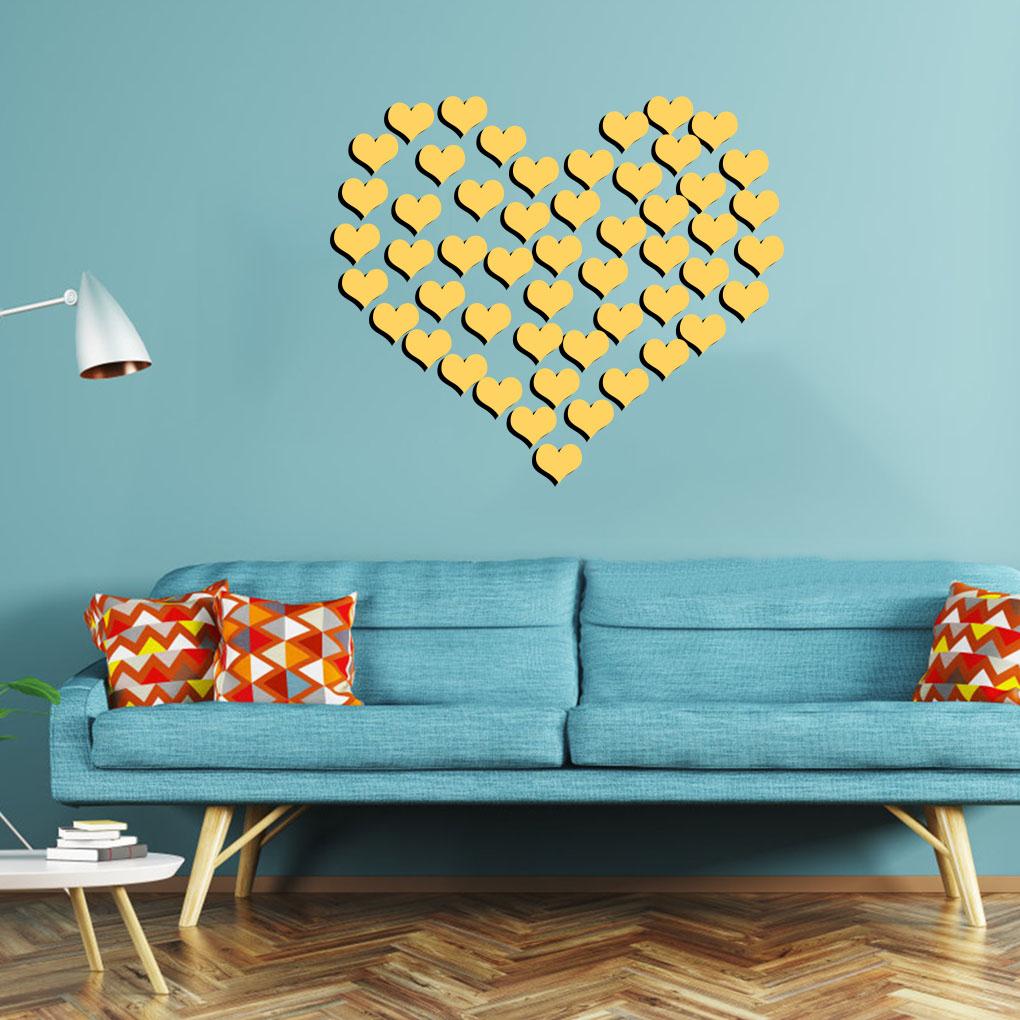 100Pcs Wall Decoration Mirror Acrylic Heart Sticker Self-adhesive 3D Decal for Kids Bedroom Living Room
