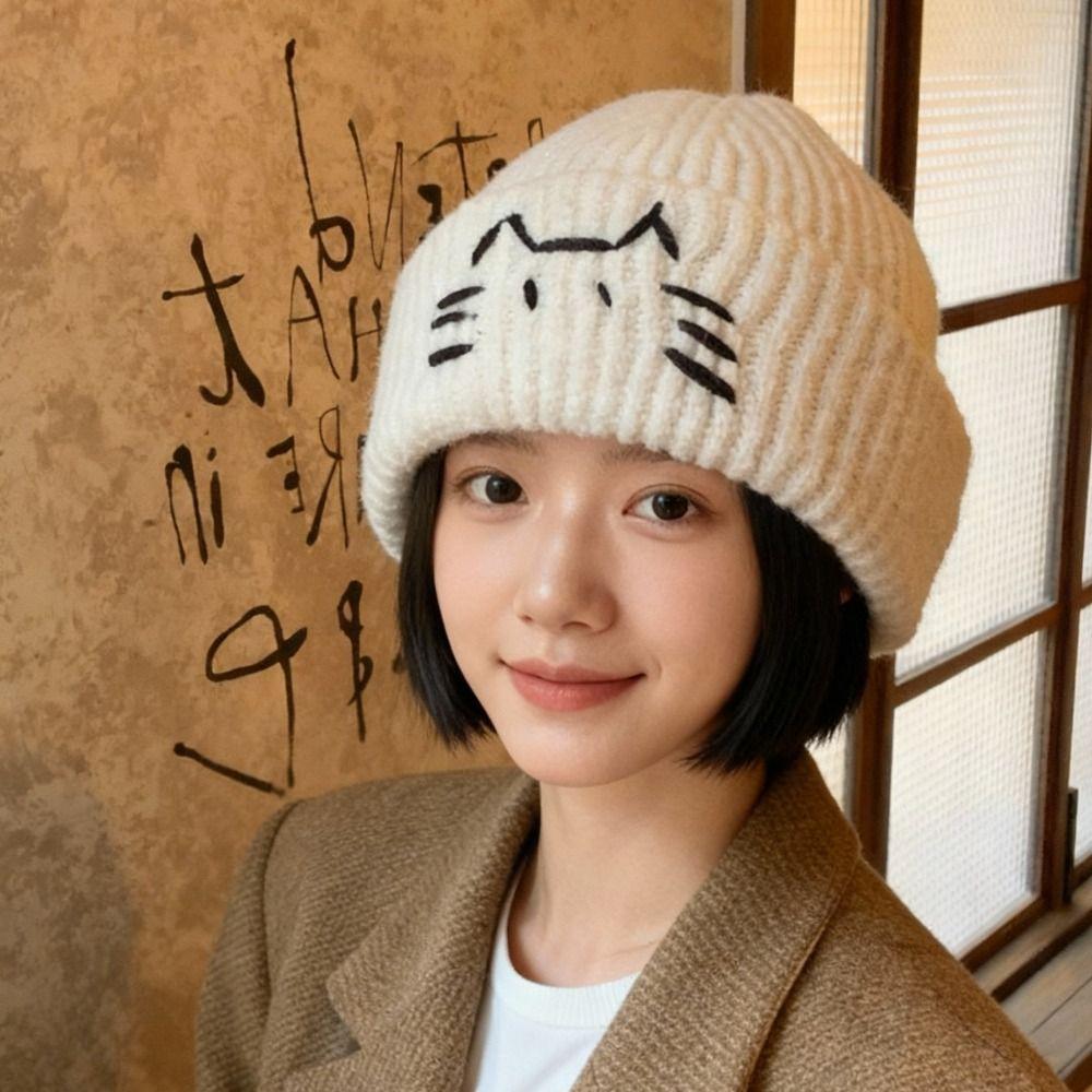 Embroidered Kitten Knit Beanies Wool Printing Knit Cap Retro Cute Cat Knitted Hat  Outdoor