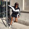 Women's Casual Sportswear Set Loose Fit Color Block Long Sleeve Zip Up Hooded Sweatshirt with Shorts 2 Piece Outfit