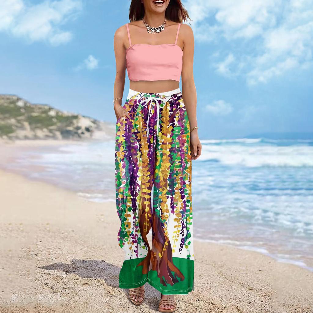 Women Summer Boho Palazzo Pants High Waist Wide Leg Printing Casual Trousers With Pockets