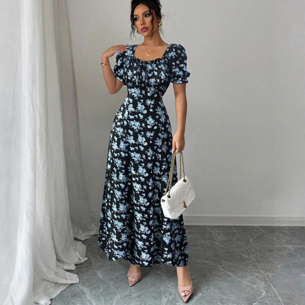 Womens Summer Dresses Elegant Dresses for Women Casual Floral Print Square Neck Beach Dresses for Women Vacation Dresses for Women 2026