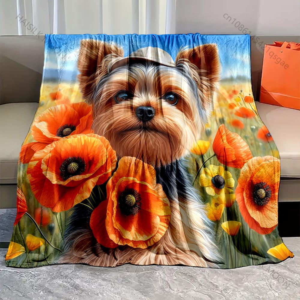 Yorkshire Terrier and Flowers Print Blanket Warm Soft Fluffy Kids and Adults Sofa Bed Throw Blanket for Home Travel Camping