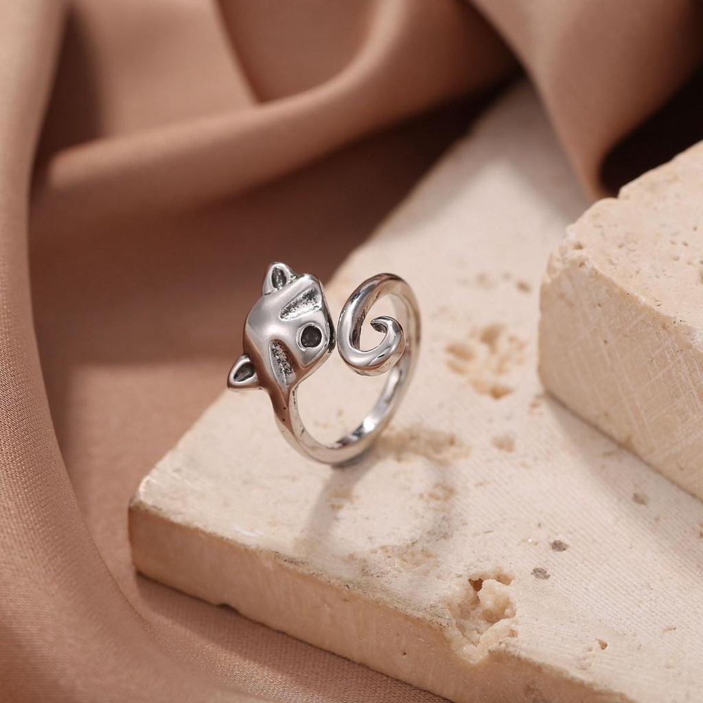 Anello Gatto Geometrico Europeo & Americano, Design Aperto Regolabile, Ornamento Animale Lavorato a Maglia per Dita.