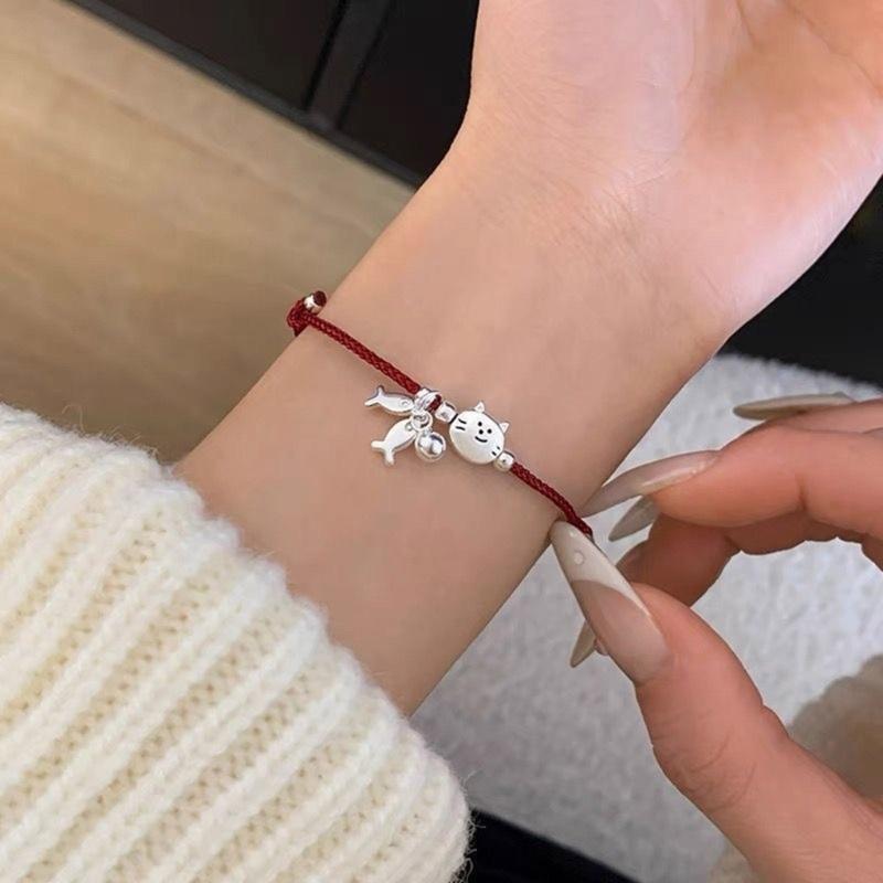 2PCS Interchangeable Cats Fish Charm Friendship Bracelets Braided Black Red Threads With Alloy Details Braided Wristband