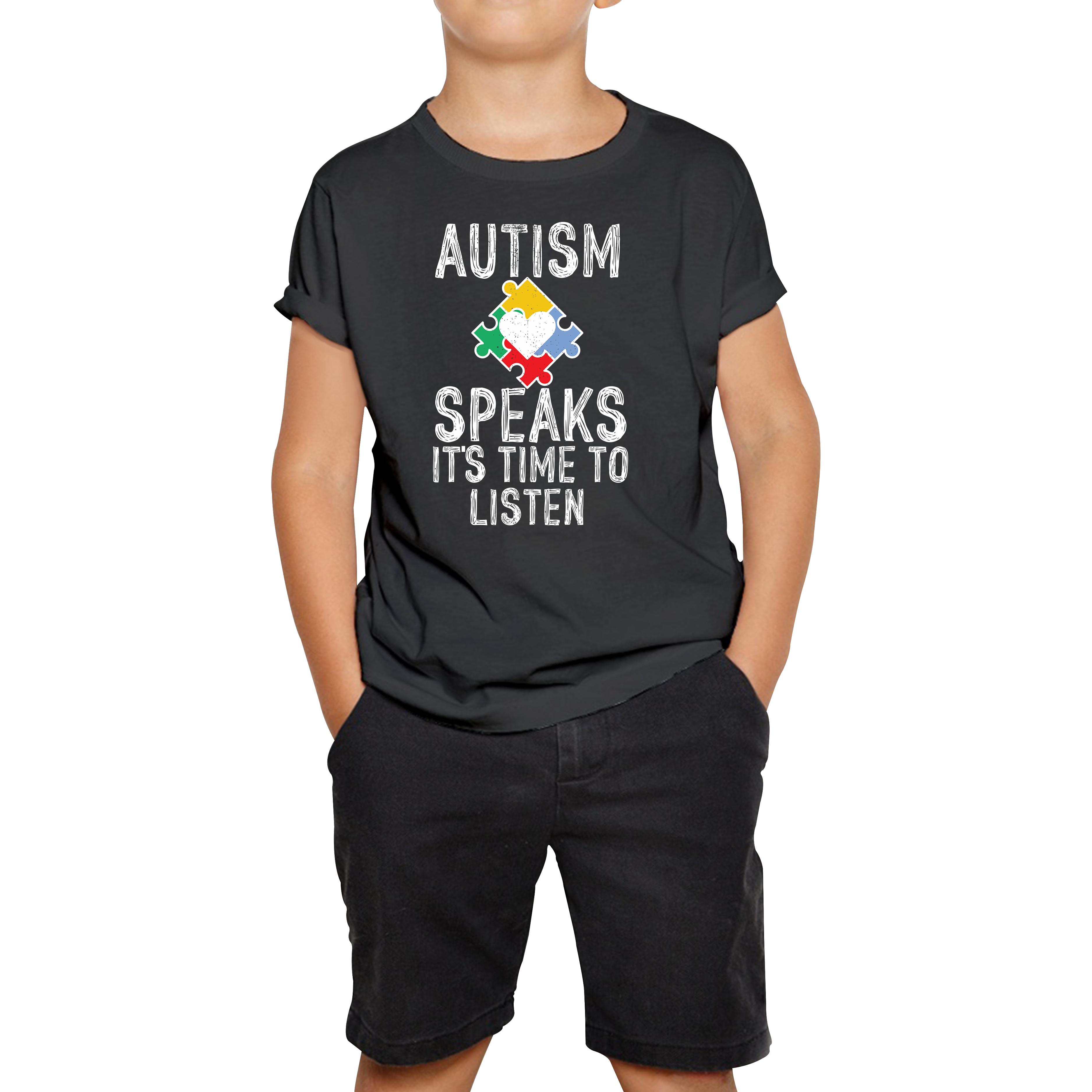 Autism Speaks It s Time To Listen Puzzle Piece Kids T Shirt 150