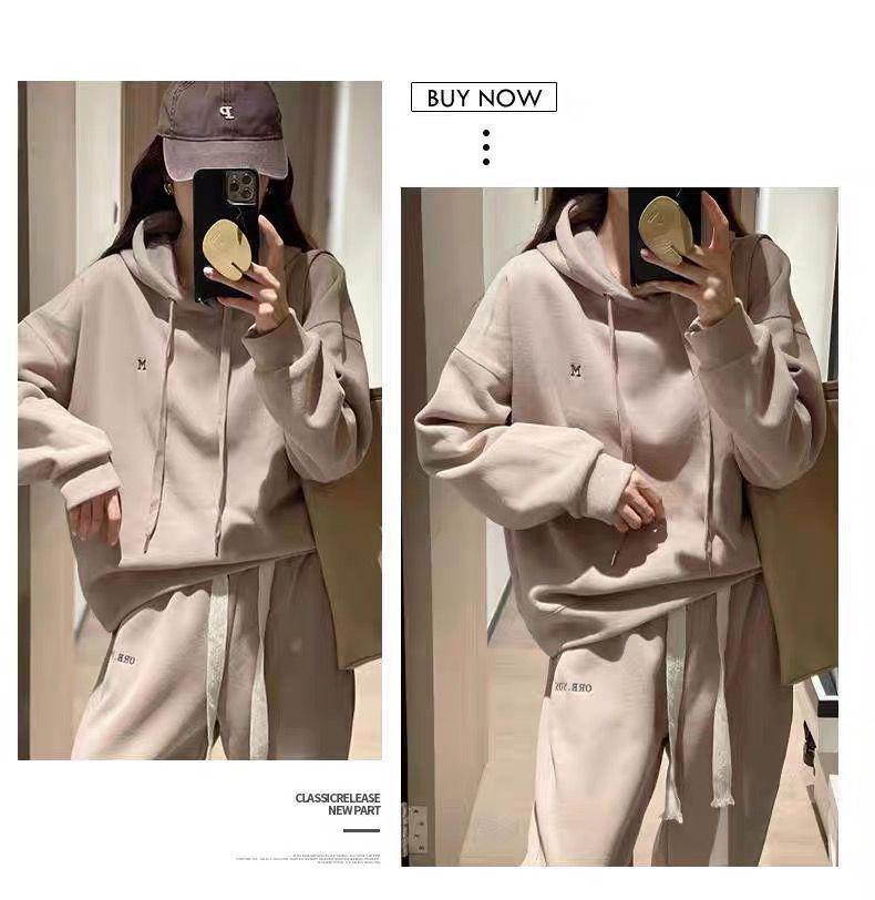 Korean Style Women's Hooded Sweatshirt & Joggers Two-Piece Set with Letter Embroidery