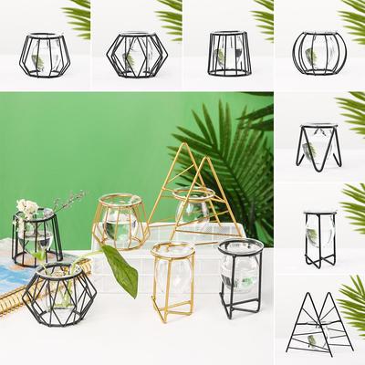 Desktop Ornament Terrarium Metal Holder Iron Geometric Pattern Hydroponic Vase Glass Planter