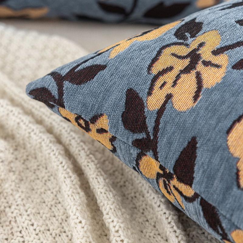 Vintage Floral Pillow Cover 45X45Cm Soft Chenille Jacquard Retro Blue Yellow Green Cushion Cover For Home Living Room Bedroom