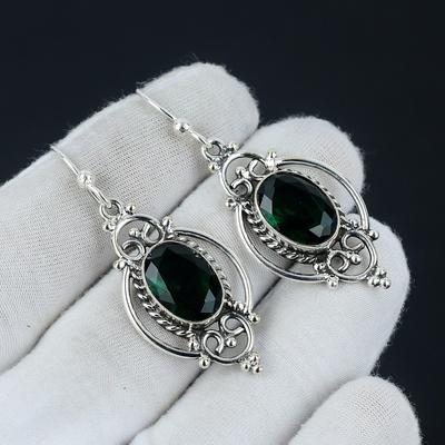 Green Tourmaline Earring, Green Tourmaline Silver Earring, Cabochon Earring, 925 Sterling Silver Earring, Gemstone Earring, Dangle Earring