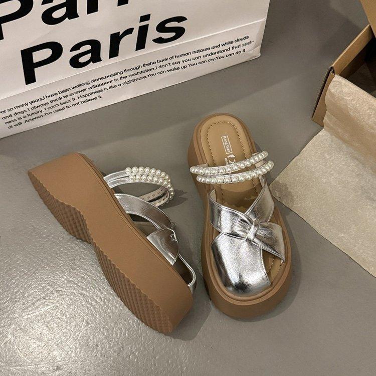 Baotou Half Slippers Women's 2025 Summer New Pearl Two Wear Thick Bottom Design Sense Hollow One Pedal Lazy Half Drag