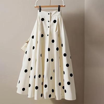 Women High Waist White Polka Dot A-line Skirt Big Swing Loose Vintage Skirt