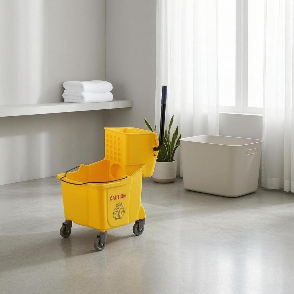 Mop Wringer Pail Cart Metal Handle Floor Warning Graphic