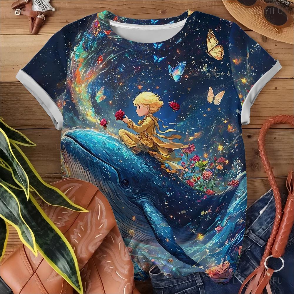Little Prince Starry Sky Women's T-shirt Casual Fashionable Comfortable Deep Blue Short Sleeve Shirt
