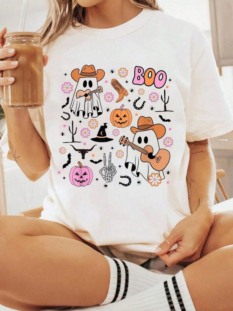Cowboy Ghost Playing Guitar Boo Pumpkin Western Skeleton T-shirt