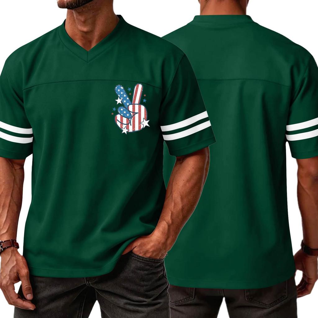 Men V Neck Casual Short Sleeve Jersey Shirt with Independence Day Print and Striped Sleeves for Sports and Wear