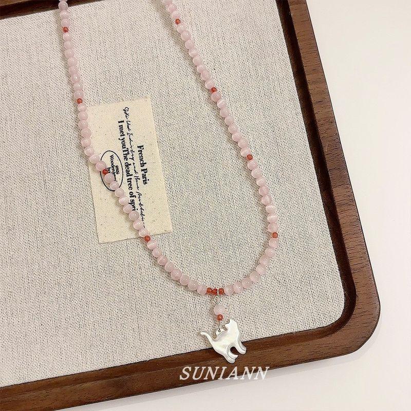 

Sweet Lovely Pink Opal Cat Puppy Beaded Necklace for Women Temperamental Minority Fancy Clavicle Chain Ornament Kitten Necklace