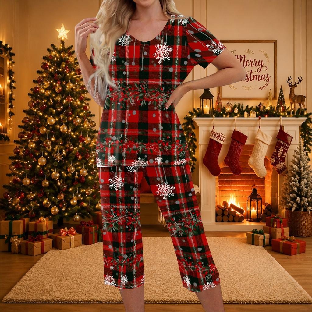Casual TweeDelig Kerstprint Outfit voor Dames met Top met Korte Mouwen en Broek