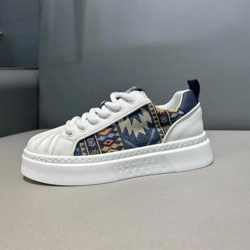 Ethnic Pattern Shell-Toe Platform Sneakers Men's Casual Thick Sole Comfortable Canvas Leather Shoes