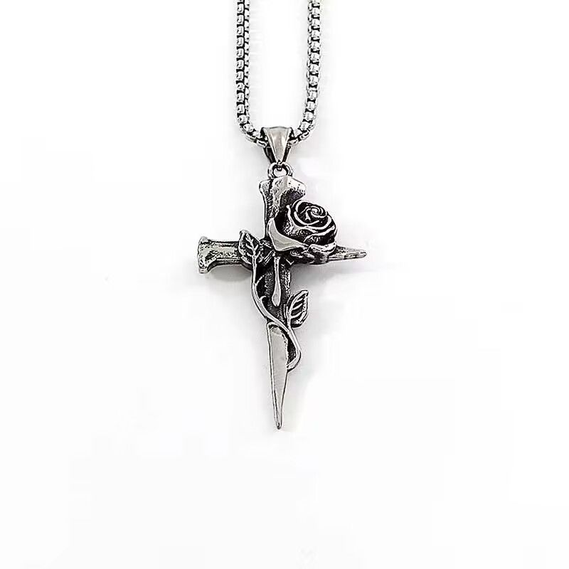Rose Cross Pendant Necklace for Couples, Vintage Chinese Style Jewelry