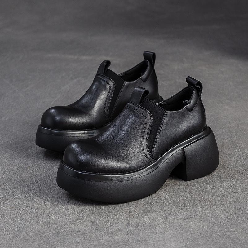 Fashion Spring Autumn British Big Head Genuine Leather Shoes for Women Thick Soled Platform Shoe Retro Height Increasing Women's Shoes