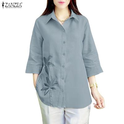 Women Casual Turn Down Collar Loose 3/4 Sleeve Print Blouse