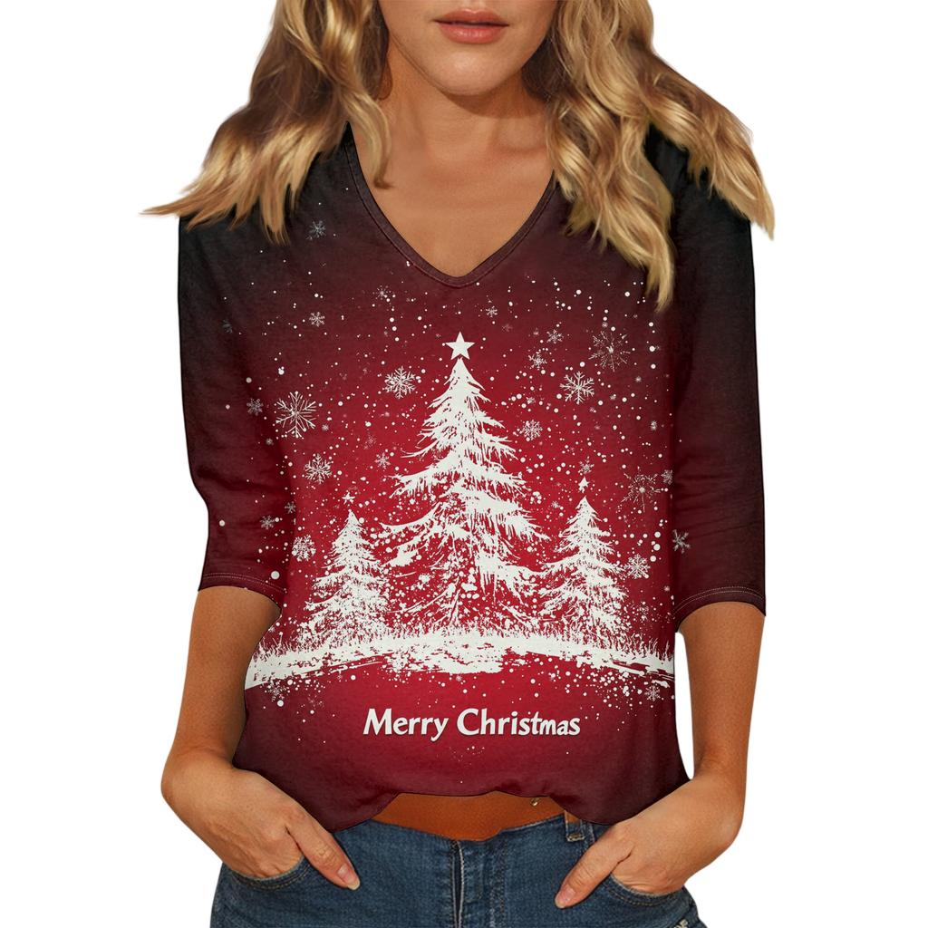 Women's Casual Fashionable Sexy Comfortable V-Neck Christmas Three-Quarter Sleeve Top