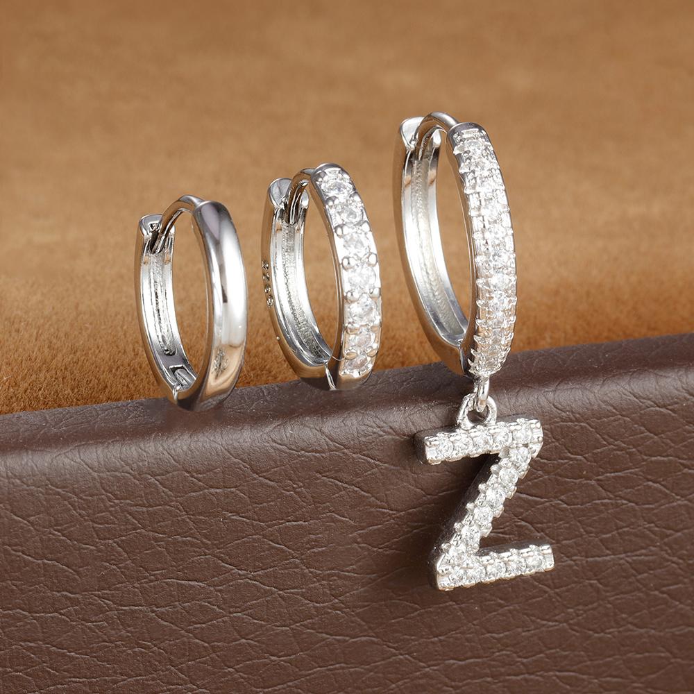 Набор сережек-колец из нержавеющей стали 3 шт. Серебристый цвет 26 букв A-Z Для женщин Кристальный циркон Геометрические серьги Свадебные украшения
