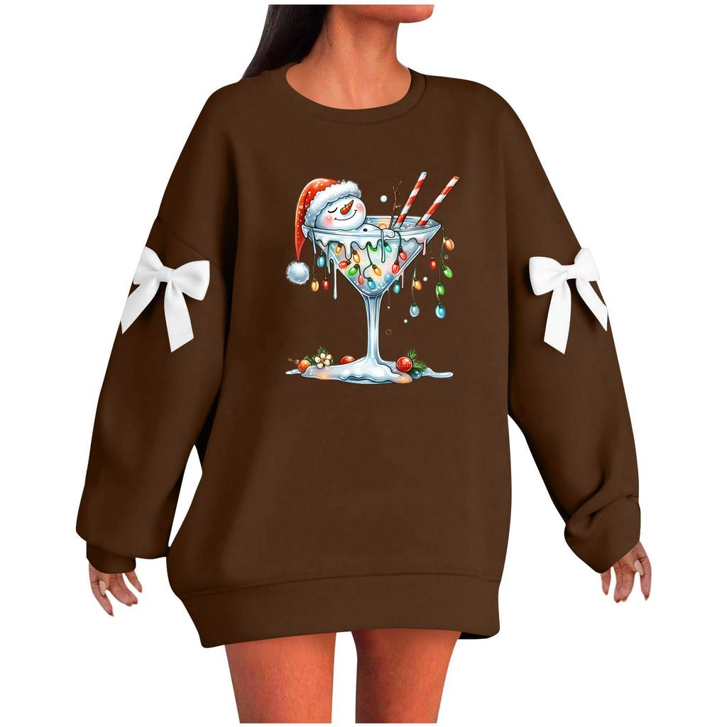 Ladies' Christmas Printed Bow Round Neck Long Sleeved Loose Pullover Sweater Sweatshirt Top