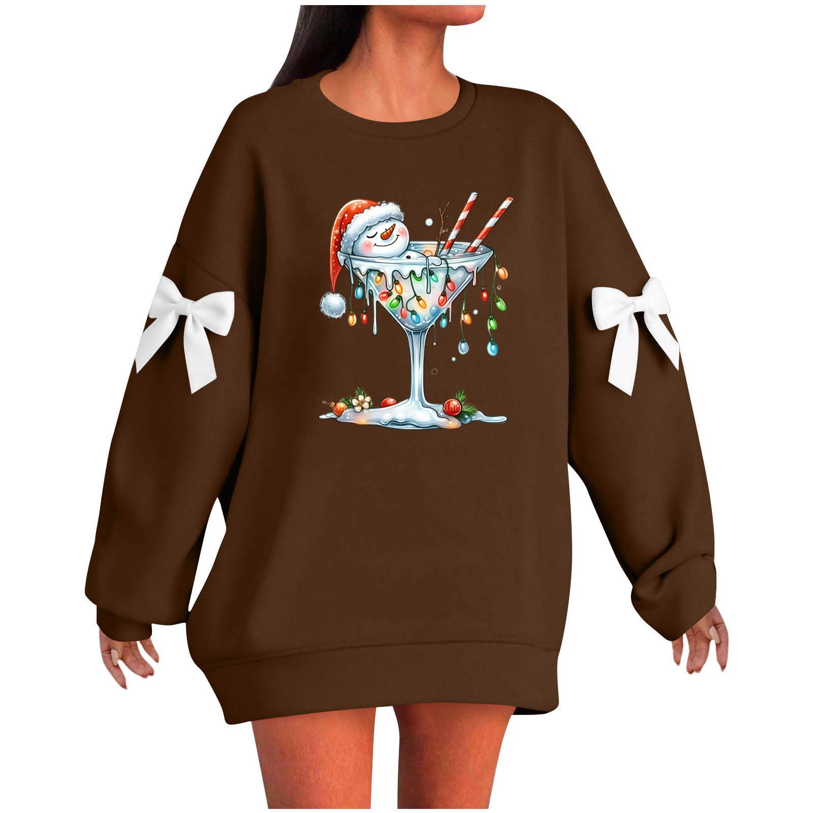 

Женский рождественский пуловер с принтом и бантом, с круглым вырезом, длинными рукавами, свободного кроя M коричневый