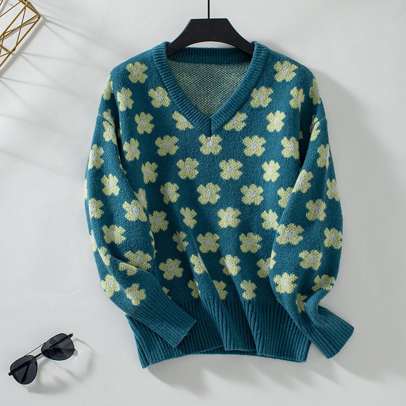 Autumn and Winter Women's Plus Size V-Neck Pullover Loose Floral Colour Block Knitted Sweater