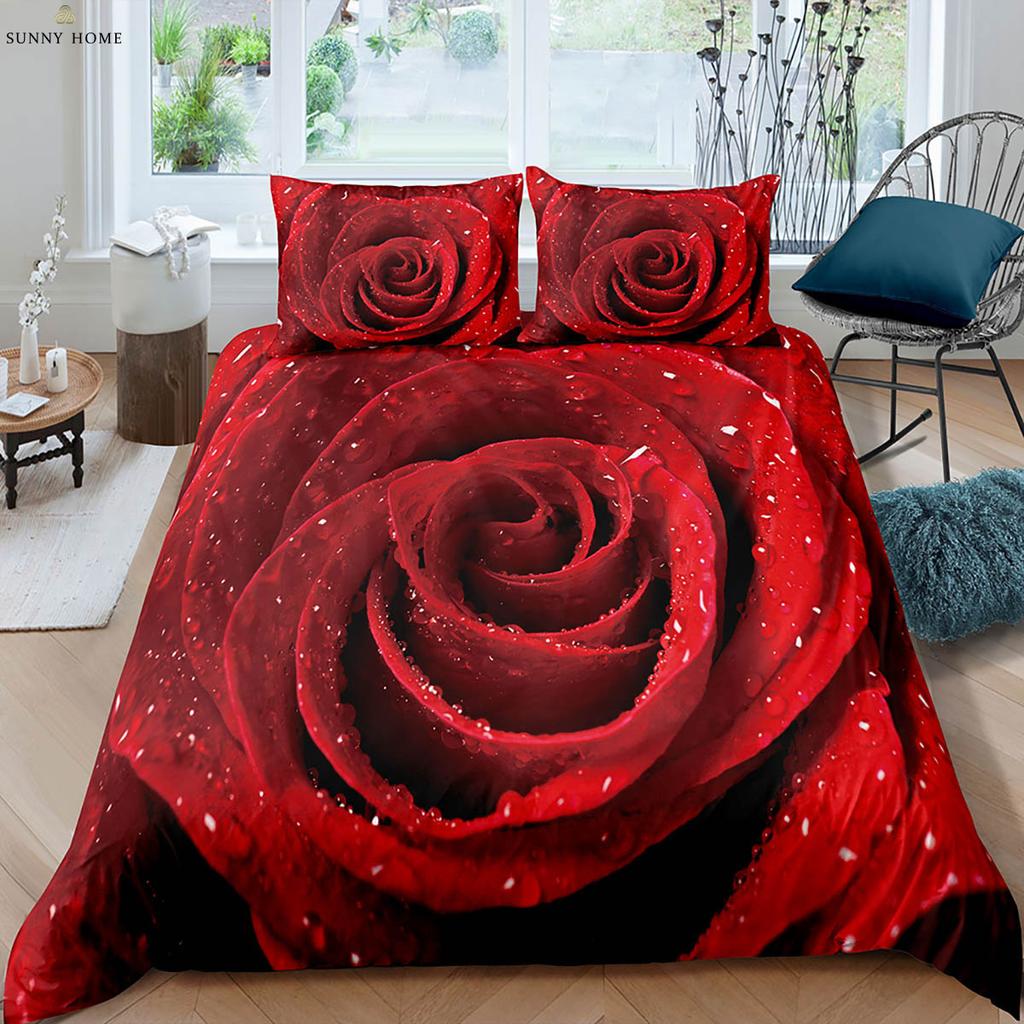 Valentine's Day Gift Romantic Retro Red Rose 3d Printed Quilt Cover Bedding Set Quilt Cover Pillowcase Three-Piece Set