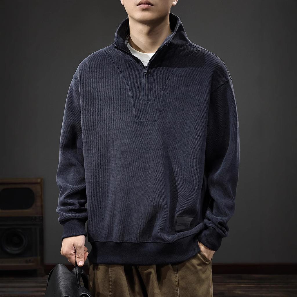 Autumn Heavy Chenier Bar Sweater Men'S American Loose Large Size Half Zipper Stand-Up Neck Long Sleeve Polo Shirt