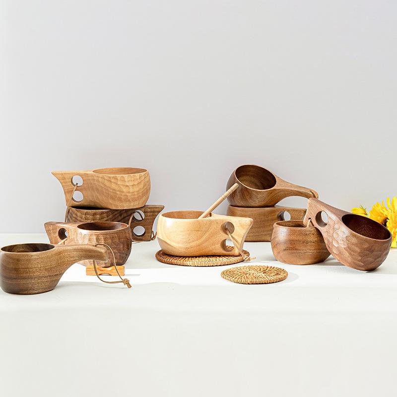 Finnland Kuksa Gummiholz Wasserbecher Tragbarer Kaffeebecher mit Henkel Rindsleder Seilhaken Saft Milch Bier Tee Tasse Outdoor Trinkgeschirr