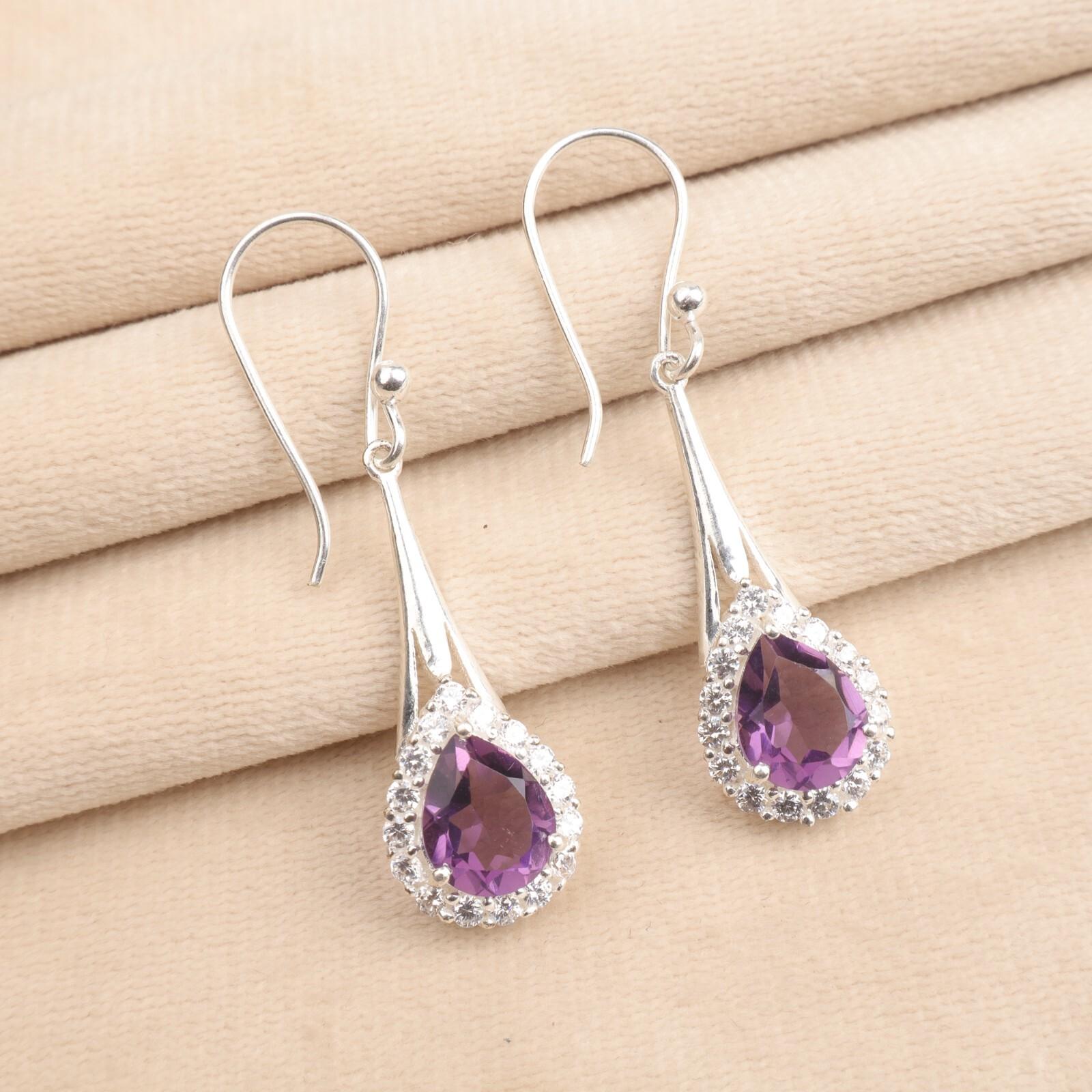 

Натуральный Аметист Драгоценный Камень 925 Проба Цельное Серебро Циркон Свадебные Серьги 1,86 Для Нее CZE-7-6