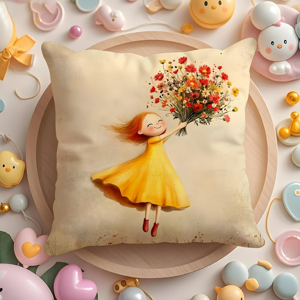 The girl is holding flowers Cushion Cover Short Plush DoubleSided Printing Home Machine Washable in Warm Winter Pillow Cover