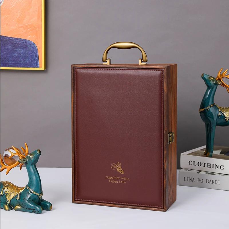 Single/Double Leather Box Wine Bottle Box Luxury Handle Wooden Organizer Gift Wood Wine Holder for 2 Red Wine Packaging