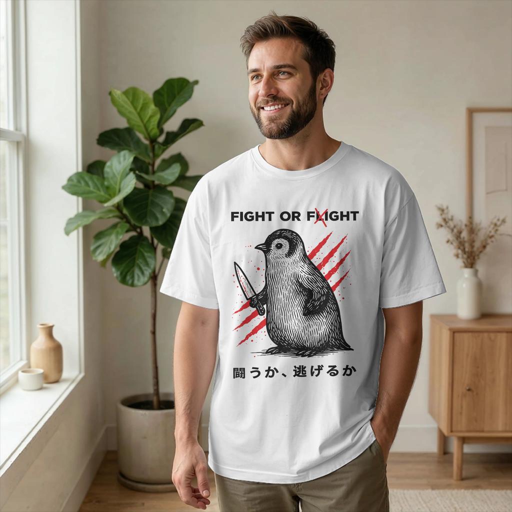 Fight Or Flight Penguin Dark Humor Men T Shirt Meme Quote Awesome Tee Shirt Short Sleeve Round