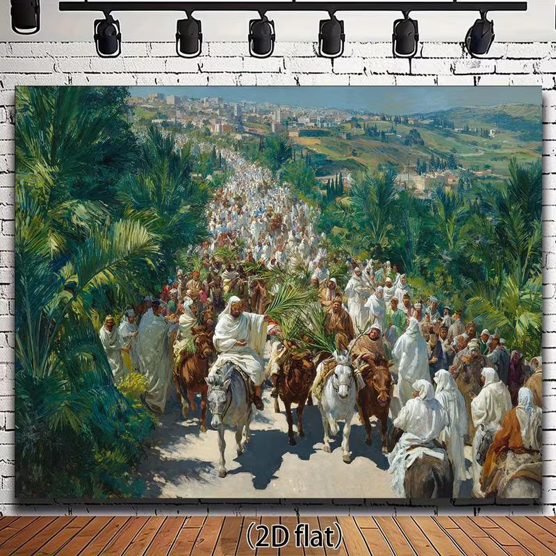 2D Triumphal Entry Backdrop, Palm Sunday Procession Scene Background for Christian Home Decor