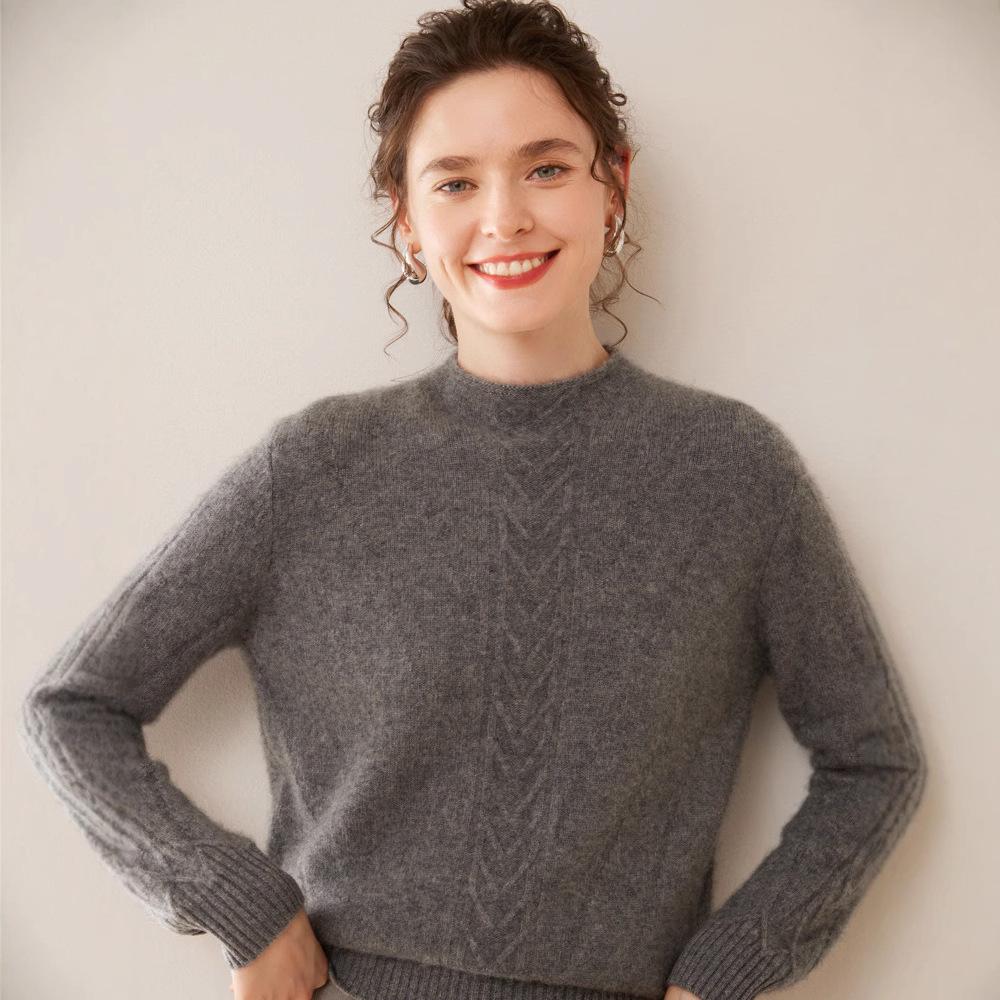 Women's Cable Knit Cashmere Pullover with Built-in Stand-up Collar Base Layer Sweater