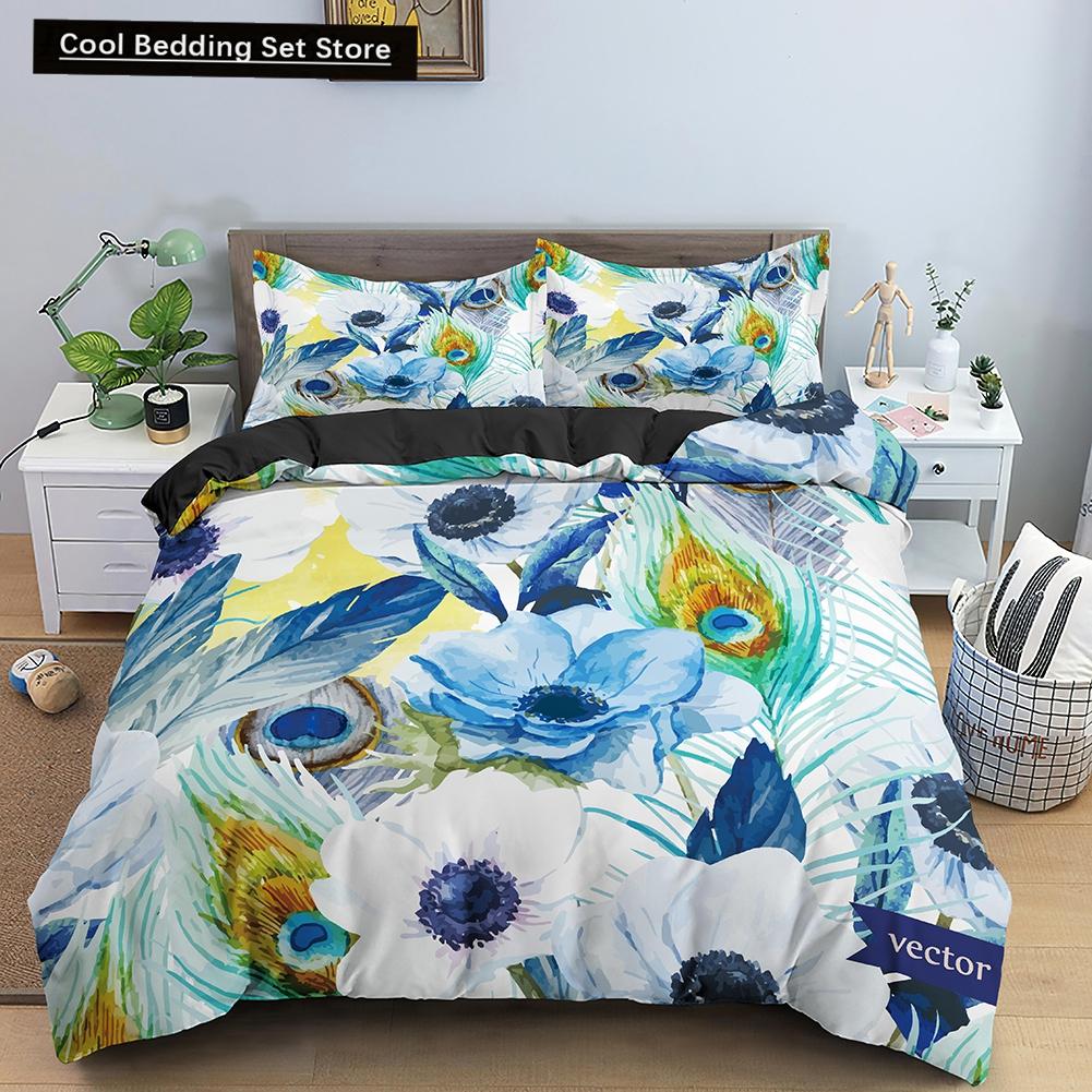 Floral King Queen Duvet Cover Fuchsia White Flower Bedding Set for Girl Women Colorful Plant Leaves 2/3pcs Polyester Quilt Cover