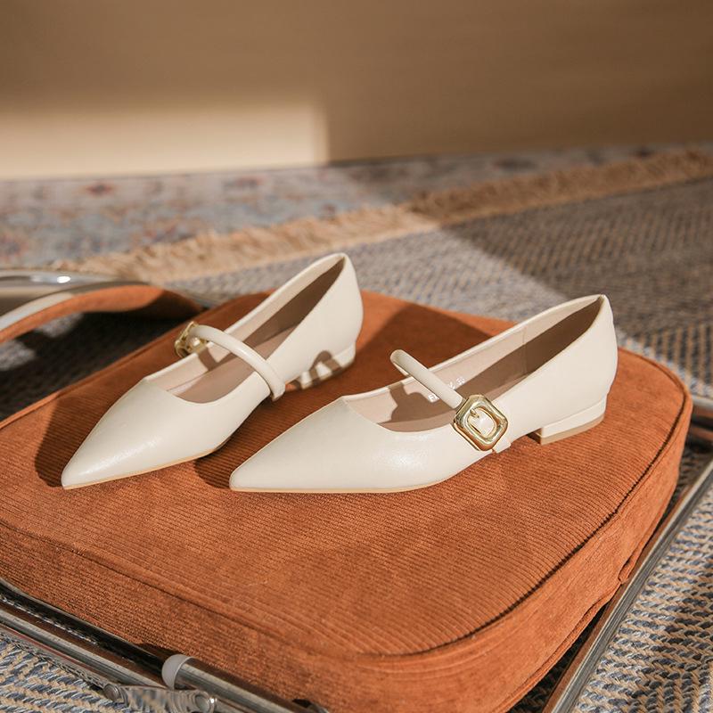 Fashionable French Pointed Toe Beige & Black Flat Shoes for Women