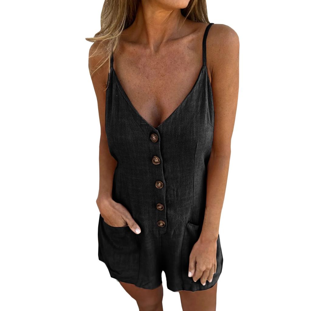 Women's Romper Summer Casual Cotton Short Jumpsuit Spaghetti Strap Sleeveless Overalls Loose Fit With Pockets