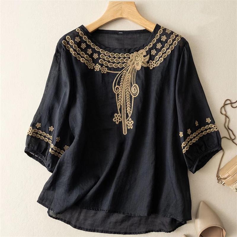 High-End Women s Plus Size Linen-Cotton Short Sleeve Shirt - Summer 2026 Chinese Style M [90-115 kg] темно-синий