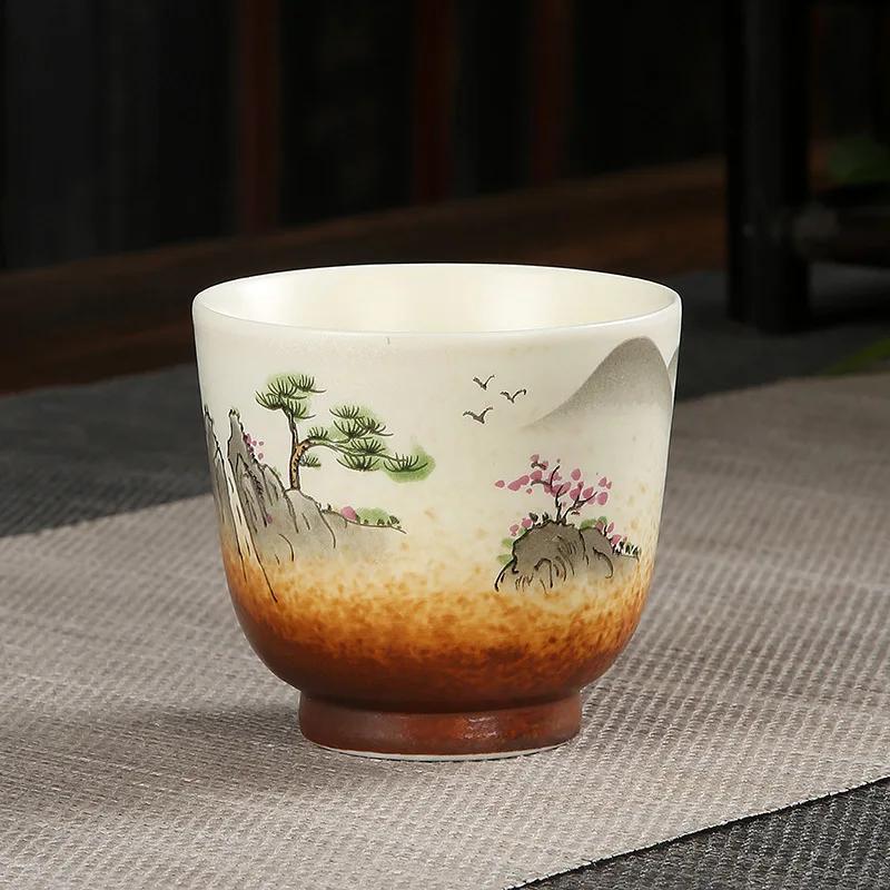 1pcs 100ml Coarse Pottery Teacup Single Cup Large Handmade  Ceramic Kung Fu Tea Set  Hand-painted Firewood Master Cup.
