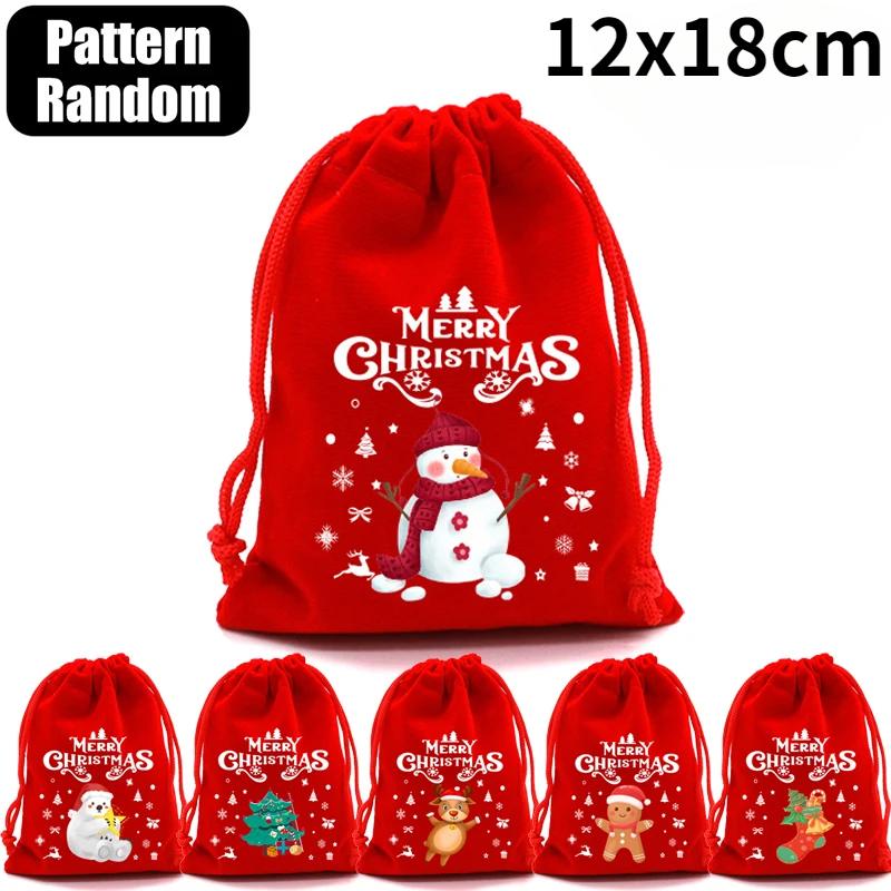 20/1PCS Christmas Velvet Bags Cartoon Candy Gift Drawstring Pouch Christmas New Year Party Favor Decor Jewelry Packaging Bag