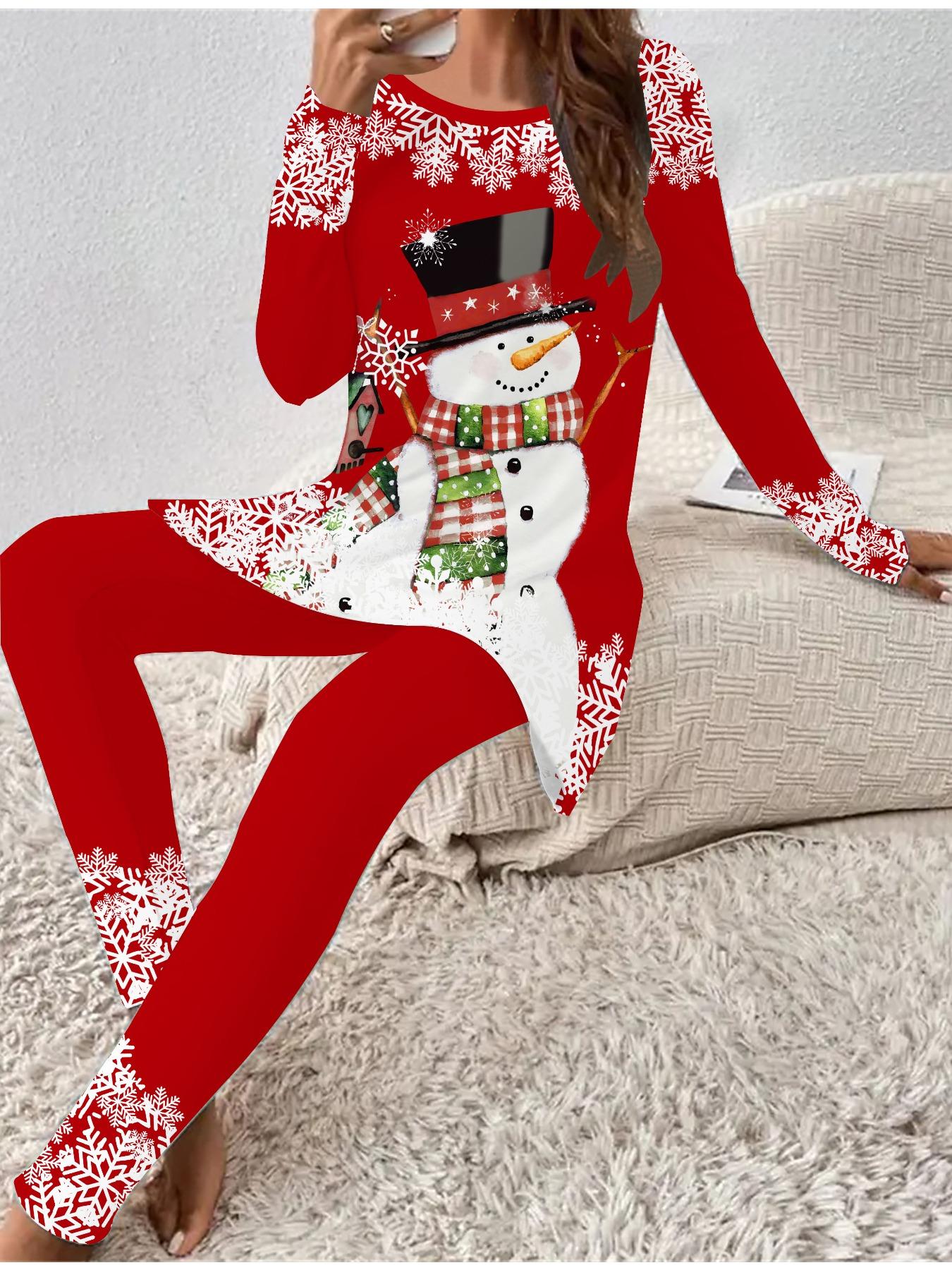 

Евро-американская мода 3D Рождественский принт Женский четырехсезонный комплект из двух предметов: футболка с длинным рукавом + длинные брюки. Идеальный подарок на Новый год и Рождество 8XL белый