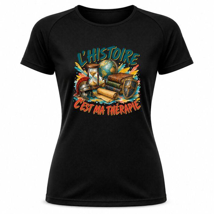 T-shirt de Sport Femme Noir L’Histoire c’est ma thérapie | Polyester Respirant 140 g/m² Manches Raglan Dos Long Taille XL | Running